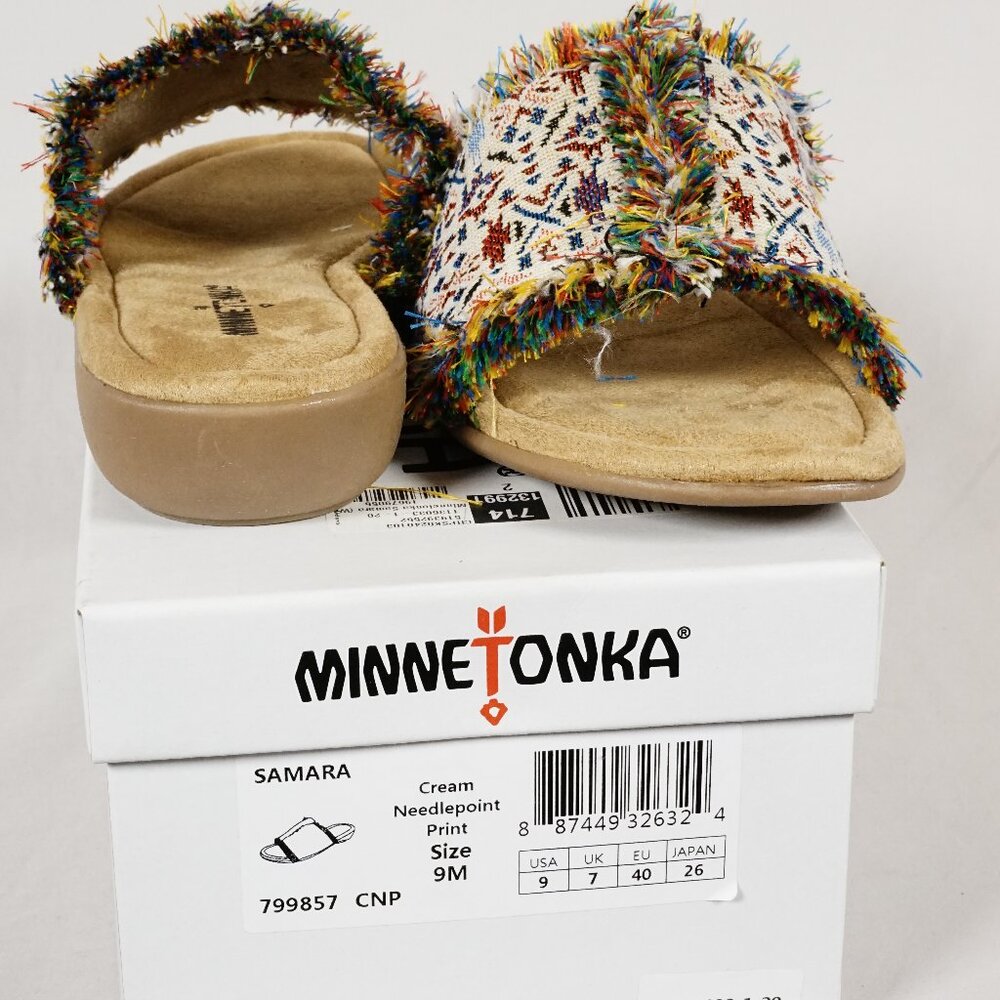 Minnetonka SAMARA Frayed Fabric Slide Sandal Cream Tribal Aztec Size 9 M NIB!!